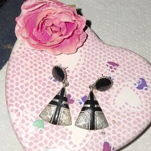 Silvertone & Black Triangle Drop Earrings w/ Cross Design